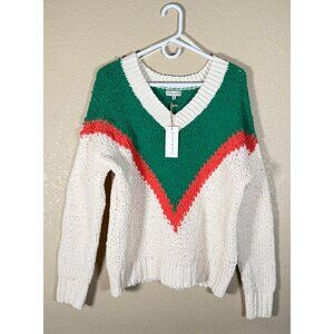 NWT Moon River Colorblock V-Neck Knit Sweater Cream Color